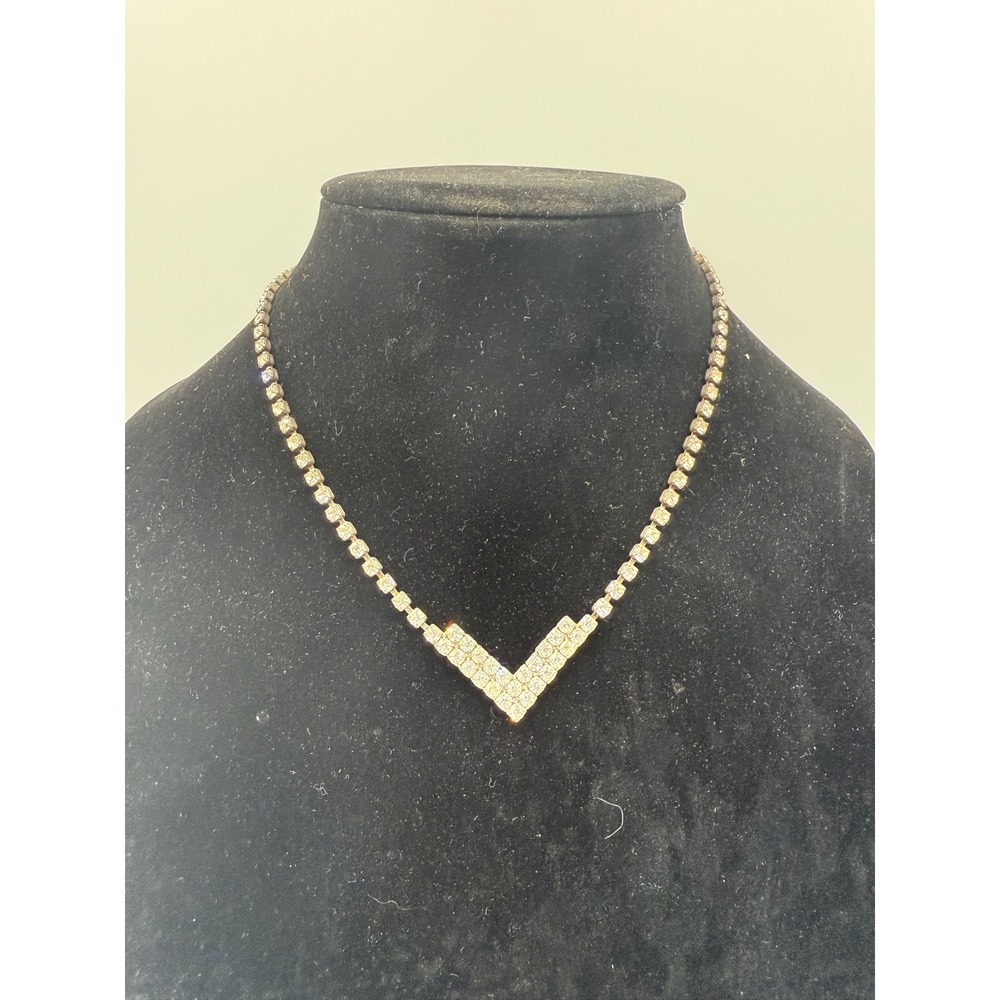 Vintage Silver Tone Rhinestone V Shape Chevron Choker Necklace Clear Crystal